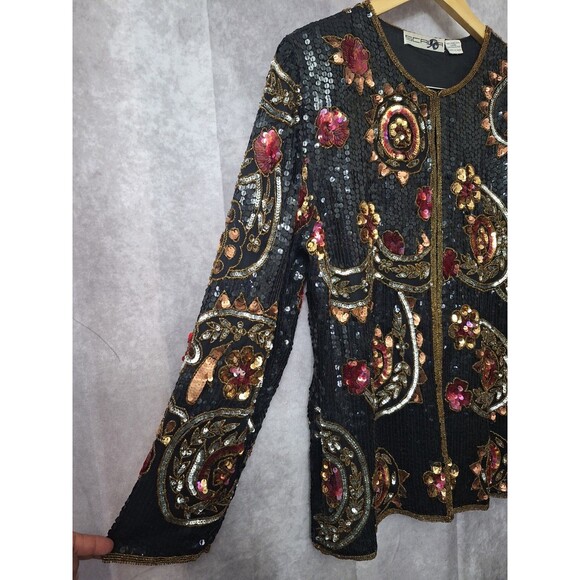Vintage Scala Pure Silk Sequin Cardigan Sz L/XL Holiday Party Event Christmas - Picture 6 of 11